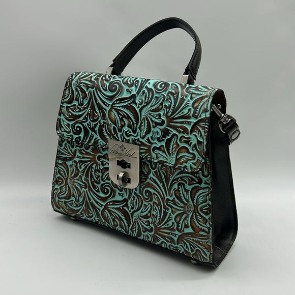 2439- Patricia Nash Embossed Leather Top Handle Crossbody Bag Turquoise Tooled - Picture 4 of 12